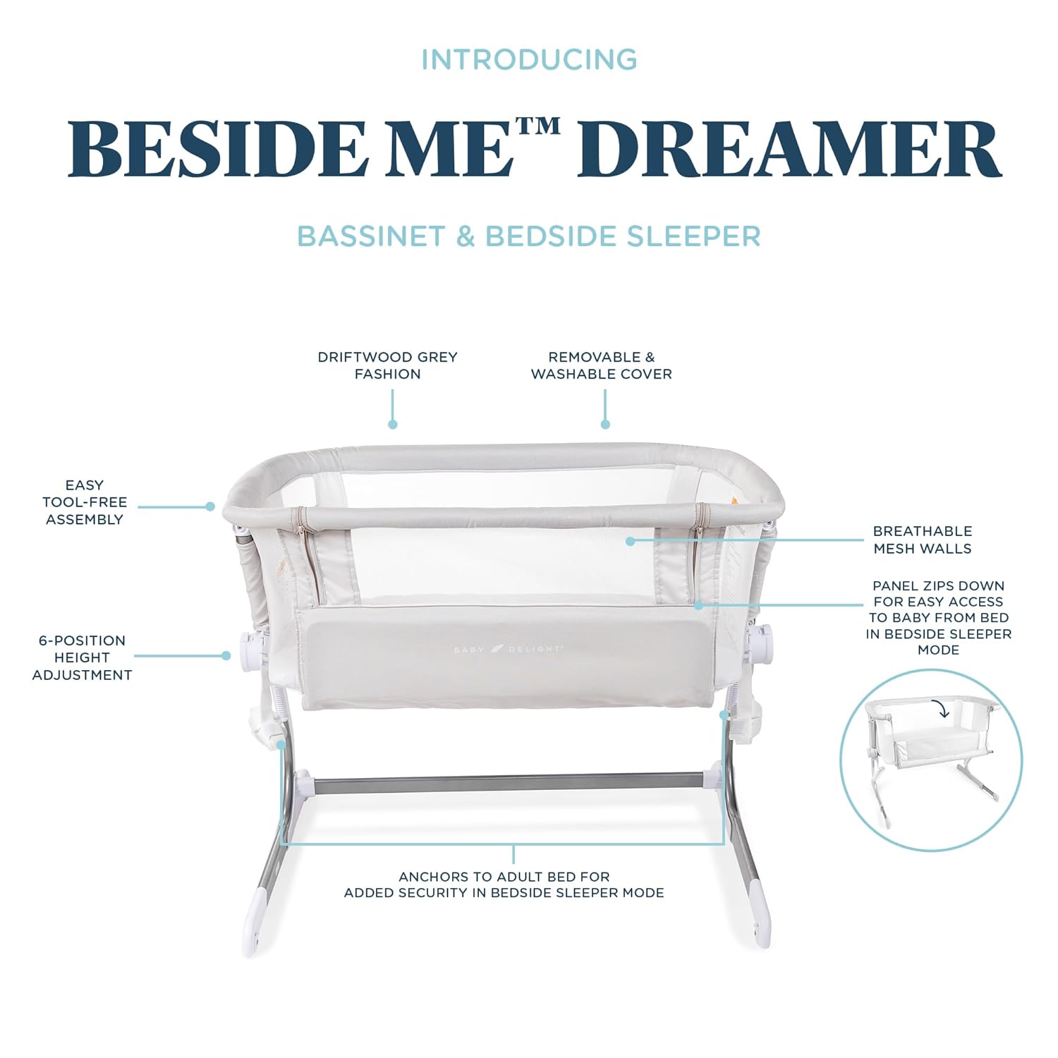 Baby Delight Beside Me Dreamer Bassinet | Bedside Sleeper | 6-Position Height Adjustment | Driftwood Grey : Baby