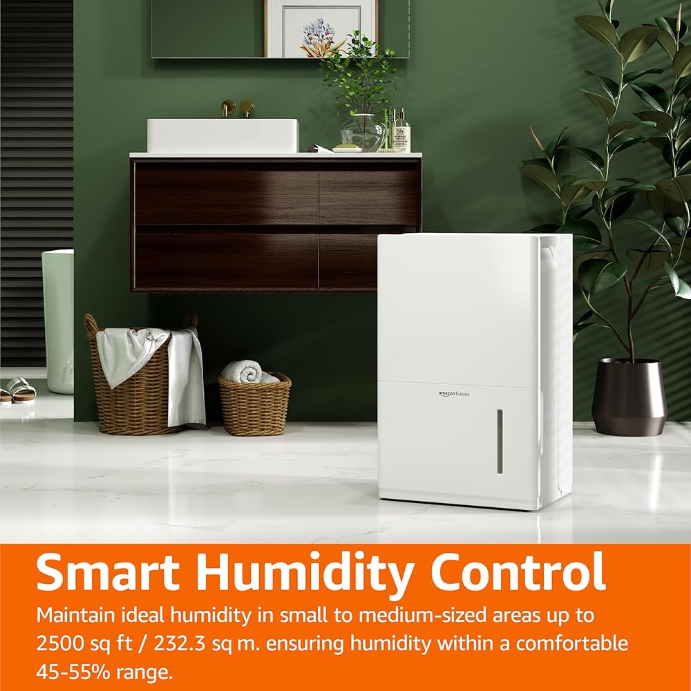 - Amazon Basics Large Dehumidifier for Rooms, Energy Star Certified, Effectively Reduces Humidity, Timer, Auto-Defrost, Overflow Protection, up to 2500 SFT, 35 Pint, White
