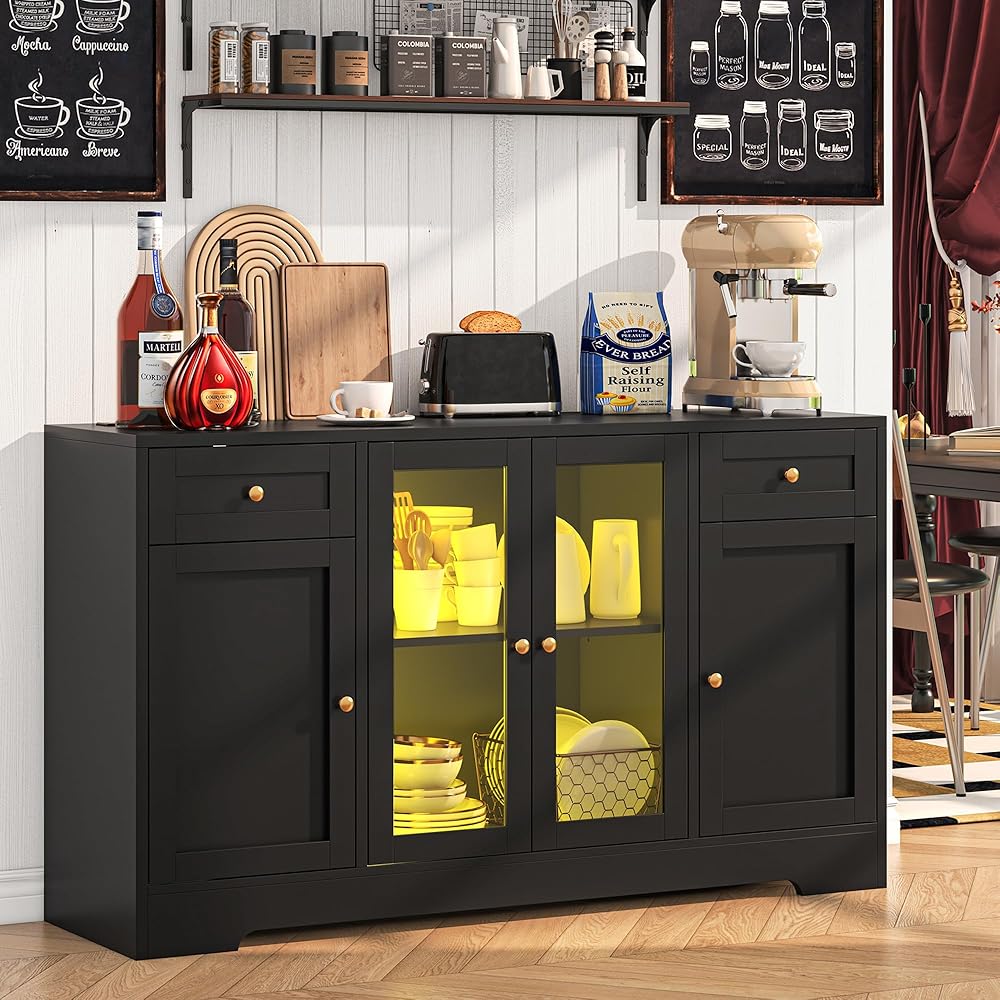 - knoworld LED Coffee Bar Cabinet with Storage, 55'' Large Sideboard Buffet Cabinet, Wood Coffee Bar Buffet Table with 4 Doors and Charging Station, Modern LED Lights Sideboard for Kitchen, Dining Room - Buffets & Sideboards