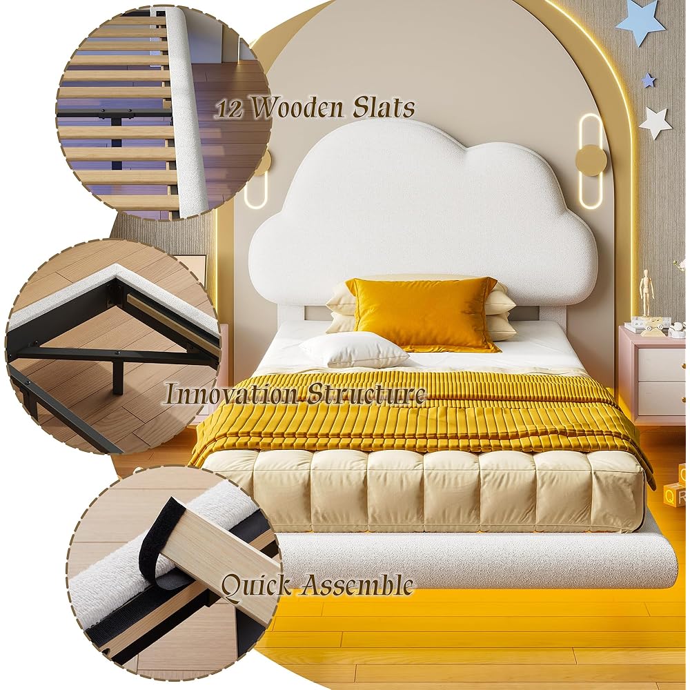 LIKIMIO Twin Bed Frames with LED Light, Floating Bed Frame with Upholstered Headboard, Solid Wooden Slats Support, No Box Spring Needed, White : Home & Kitchen