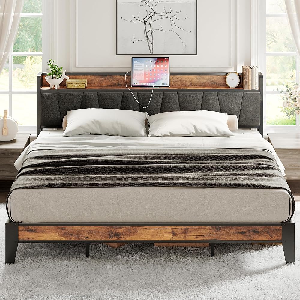 LIKIMIO King Size Bed Frame, Storage Headboard with Charging Station, Solid and Stable, Noise Free, No Box Spring Needed, Easy Assembly : Home & Kitchen