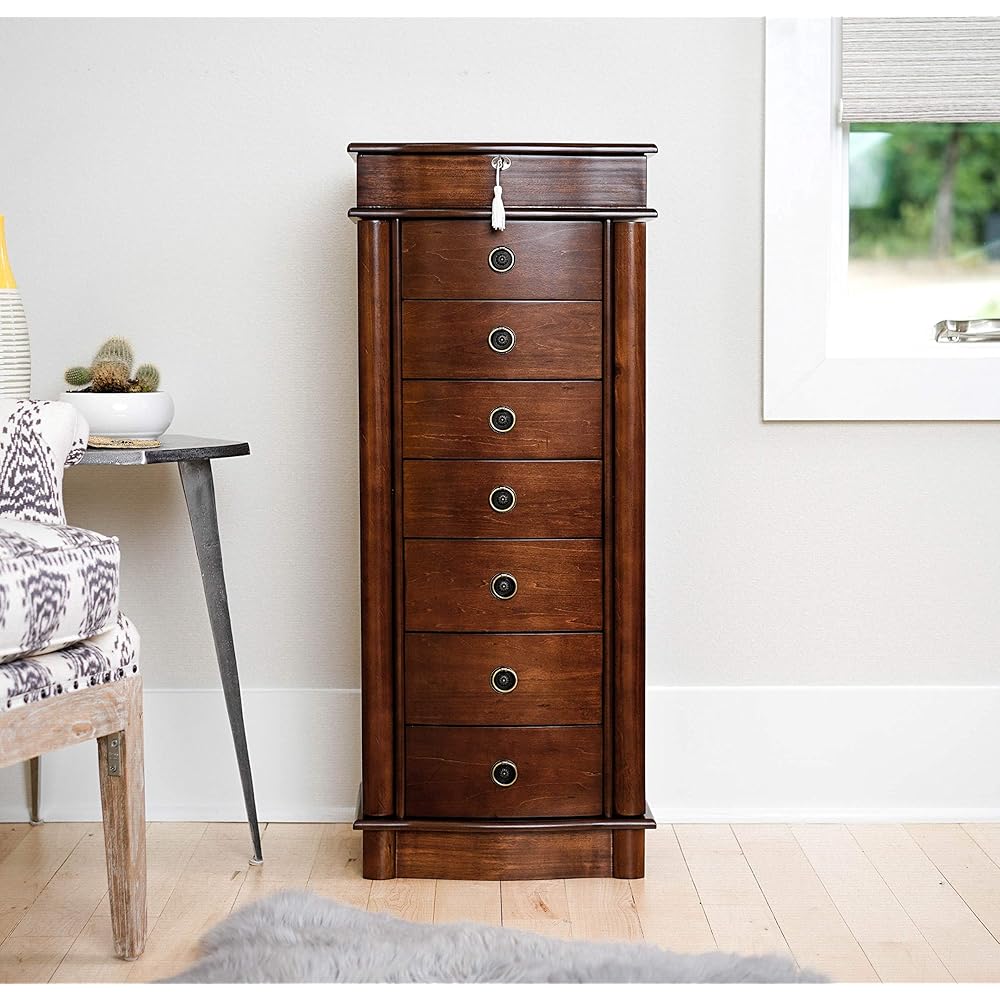 Hives and Honey Noelle Standing Jewelry Armoire Cabinet, Locking Jewelry Storage Organizer with Top Flip Mirror, 7 Drawers, Jewelry Chest Armoire, Jewelry Box for Necklace, Earring, Bracelet, Walnut : Clothing, Shoes & Jewelry