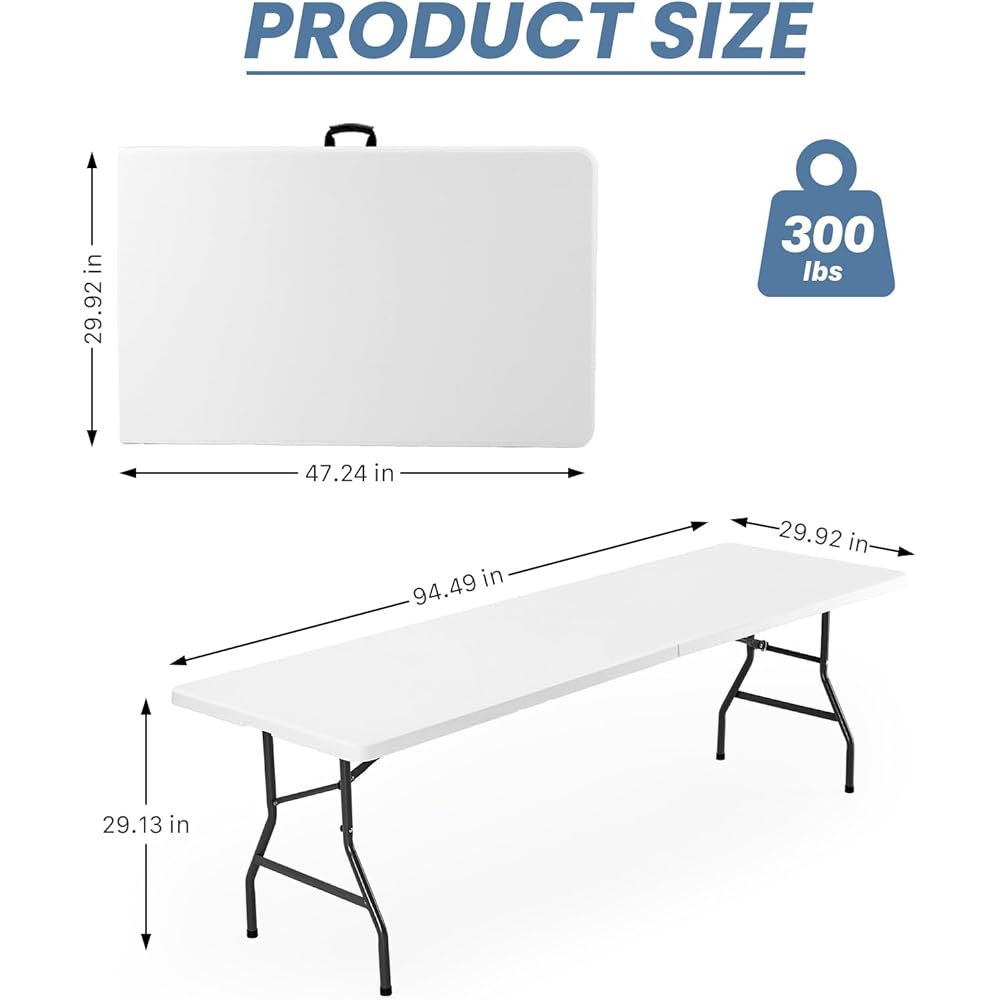 DUMOS 8ft Plastic Folding Table, Indoor Outdoor Portable Heavy Duty Table w/Carrying Handle, Lock for Camping Picnic Party Dining, White : Home & Kitchen