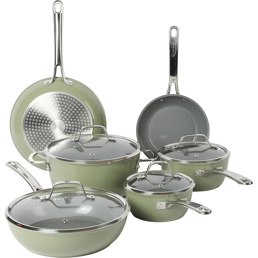 Sur La Table Kitchen Essentials 10 Piece PFA Free Non-Toxic Titanium Ceramic Nonstick Interior Forged Aluminum Cookware Pots and Pans Set - Green - Induction Compatible: Home & Kitchen