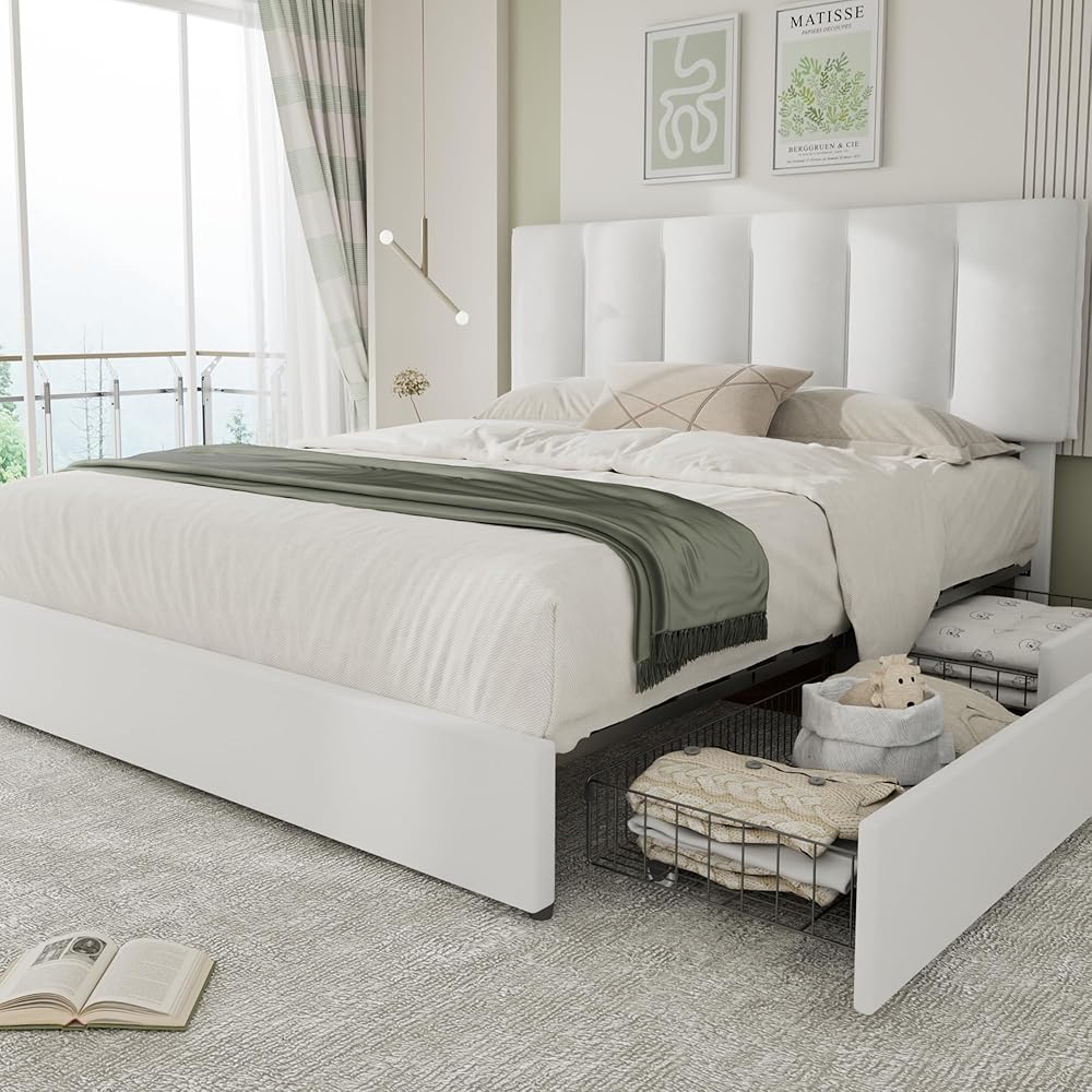 VECELO Queen Size Bed Frame with 4 Storage Drawers, Adjustable Height Headboard, Heavy-Duty Platform Bedframe with Strong Wooden Slats, No Box Spring Needed, Pure White : Home & Kitchen