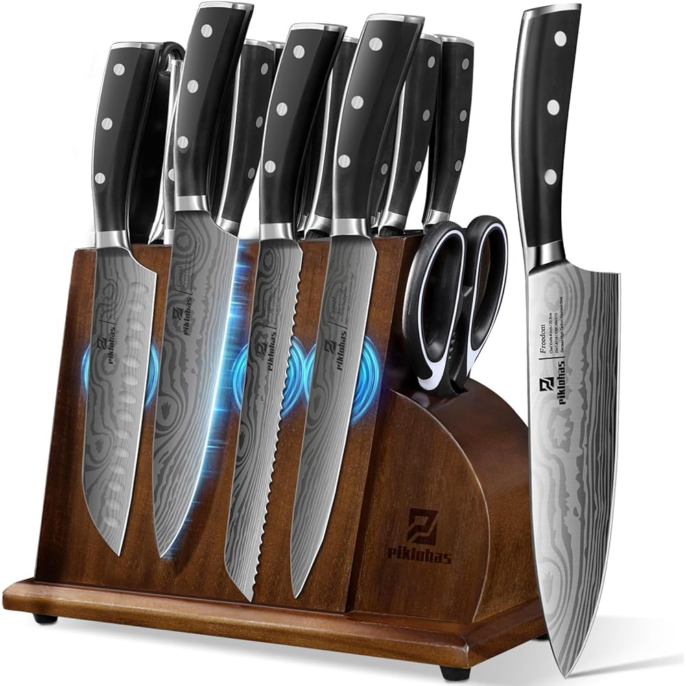 Piklohas Knife Sets for Kitchen with Block, 17 Pieces with Magnetic Knife Holder, German High Carbon Stainless Steel Damascus Pattern Chef Knife Set: Home & Kitchen