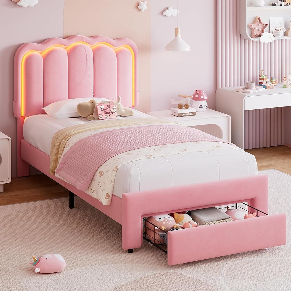 Twin Upholstered LED Bed Frame with Storage Drawer and Adjustable Chic Double Wavy Headboard, Velvet Princess Platform Bed for Girls/Kids, Solid Wood Slats Support, No Box Spring Needed, Pink : Home & Kitchen