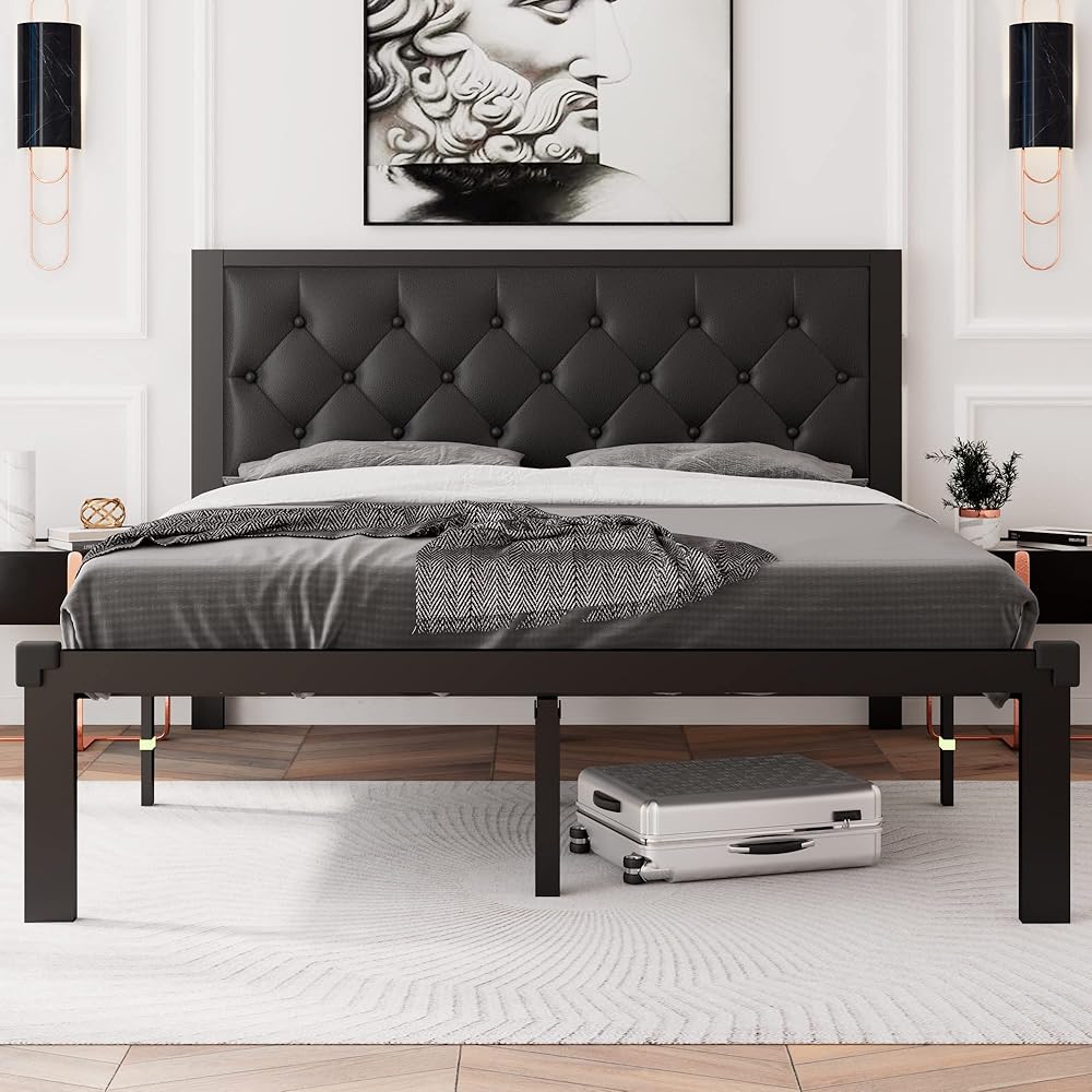 Feonase Queen Size Metal Bed Frame with Faux Leather Button Tufted Headboard, Heavy-Duty Platform Bed Frame with 12
