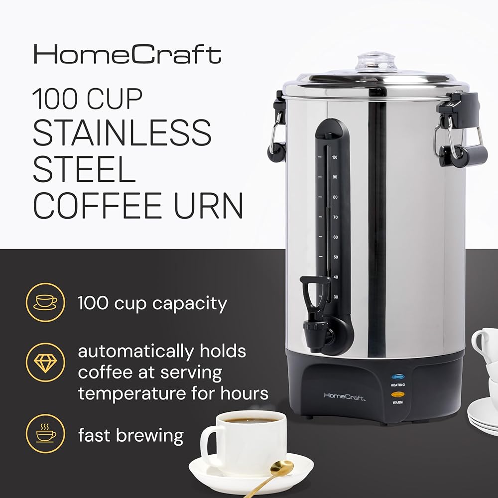 | Homecraft 100-Cup Coffee Urn and Hot Beverage Dispenser with Dripless Faucet, Quick-Brewing, Stainless Steel: Coffee Urns