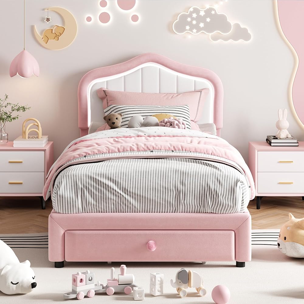 GarveeHome Upholstered Twin Bed Frame with Led Lights and Storage Drawer, Cute Velvet Led Bed Frame with Headboard for Kids, Girls, Boys, No Box Spring Needed, Wooden Slats, Noise Free, Pink : Home & Kitchen