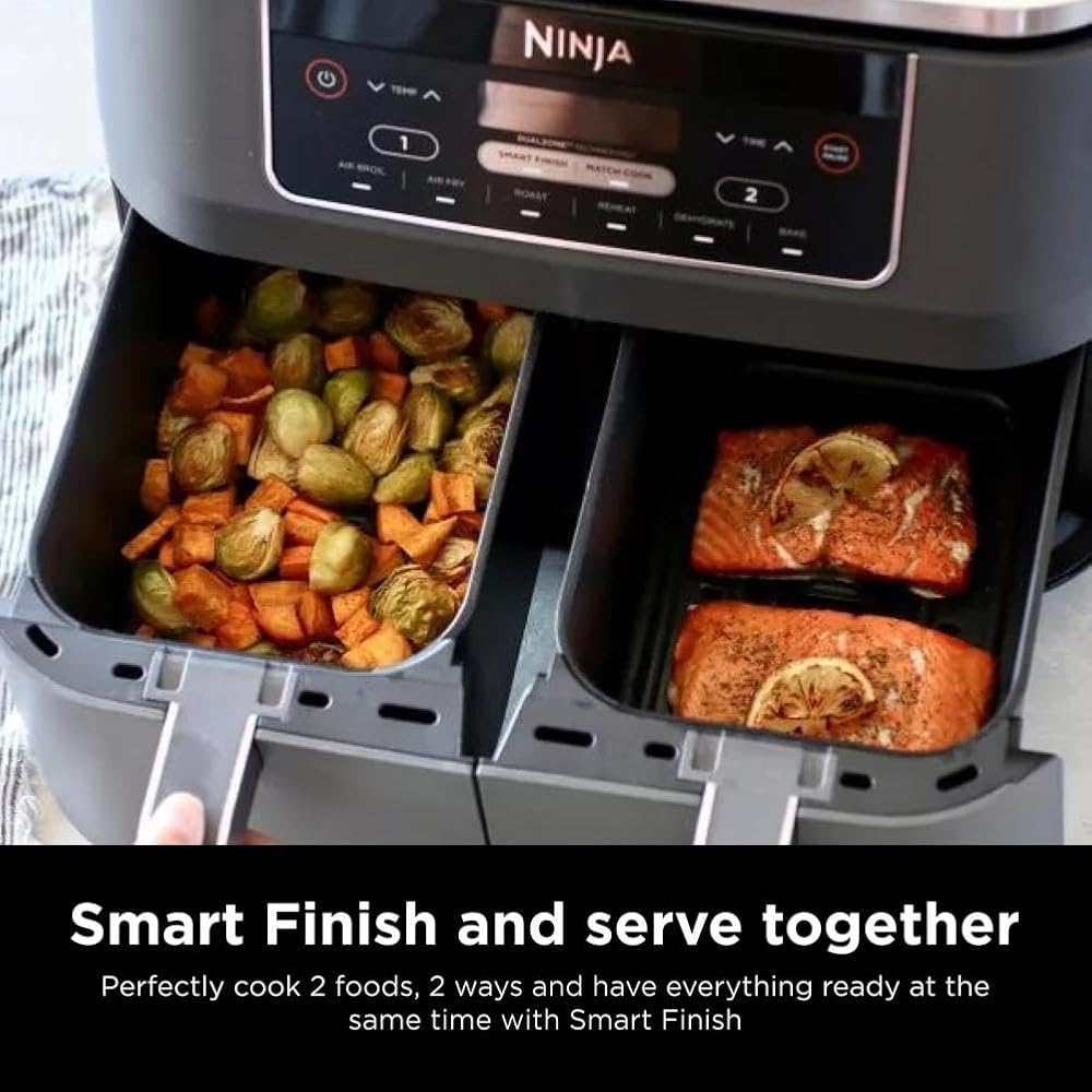 Ninja DZ201 Foodi 8 Quart 6-in-1 DualZone 2-Basket Air Fryer with 2 Independent Frying Baskets, Match Cook & Smart Finish to Roast, Broil, Dehydrate & More for Quick, Easy Meals, Grey : Home & Kitchen