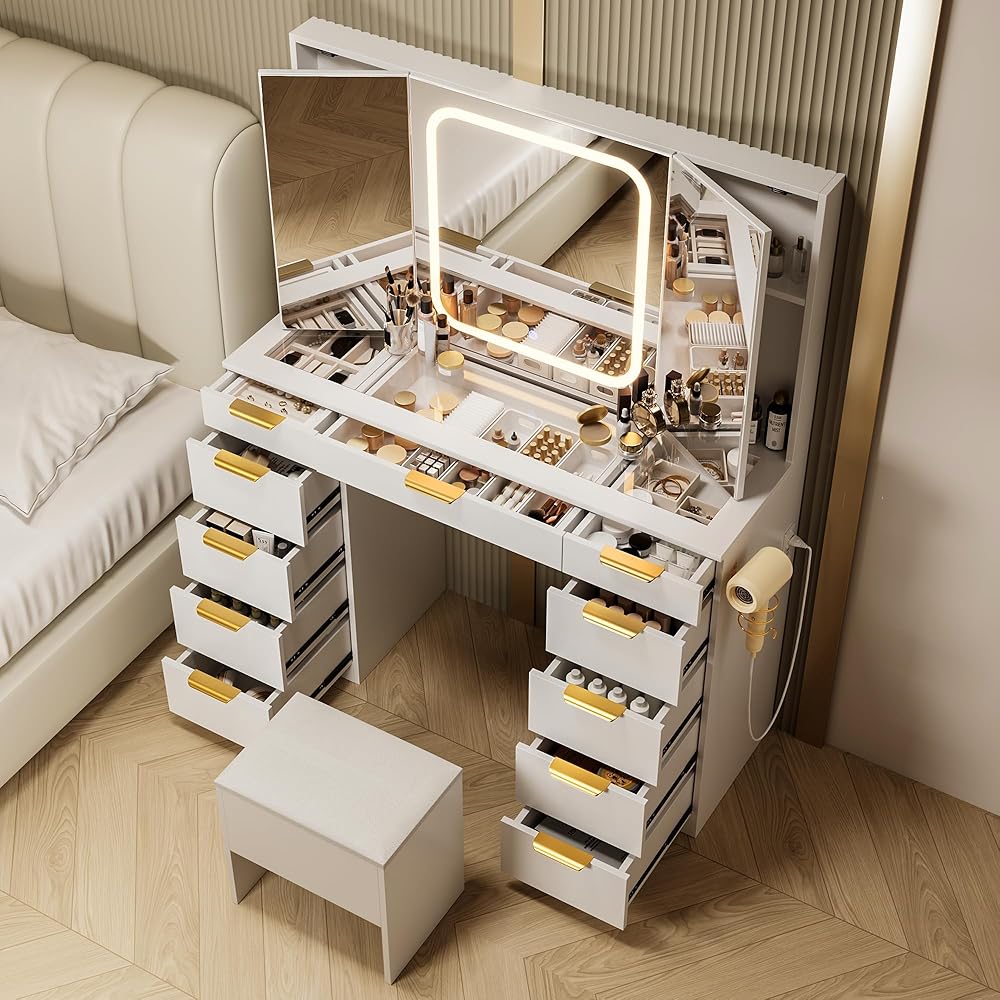 Pamapic 11 Drawers Vanity Desk with Foldable Mirror, Glass Top Makeup Vanity with LED Lights, 3 Lighting Modes, Golden Handles Dressing Table with Chair and Power Outlet : Home & Kitchen