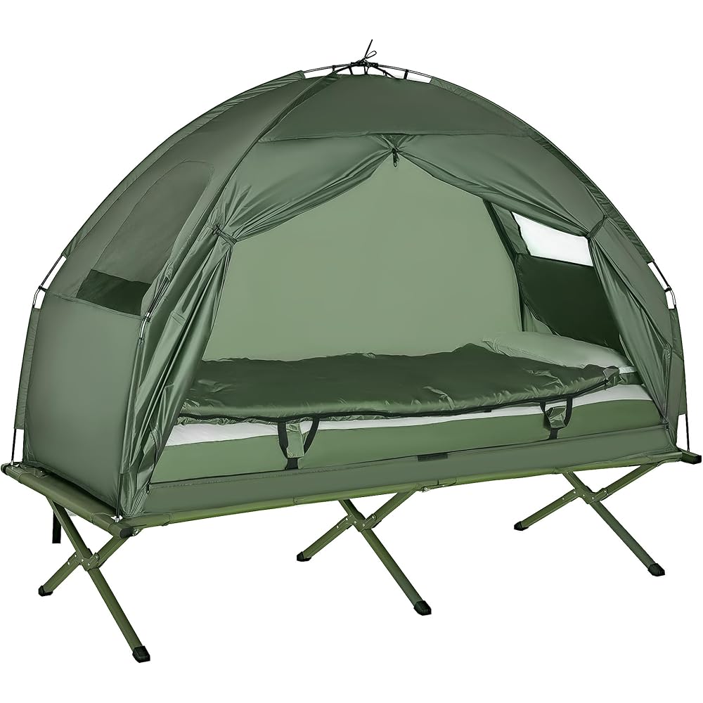 : Outsunny Camping Tent Cot, 4-in-1 Folding Tent Cot Combo with Mattress, Pillow, Sleeping Bag, Roller Carrying Bag, Off Ground Travel Camp Cot for Hiking, Backpacking, Picnic : Sports & Outdoors