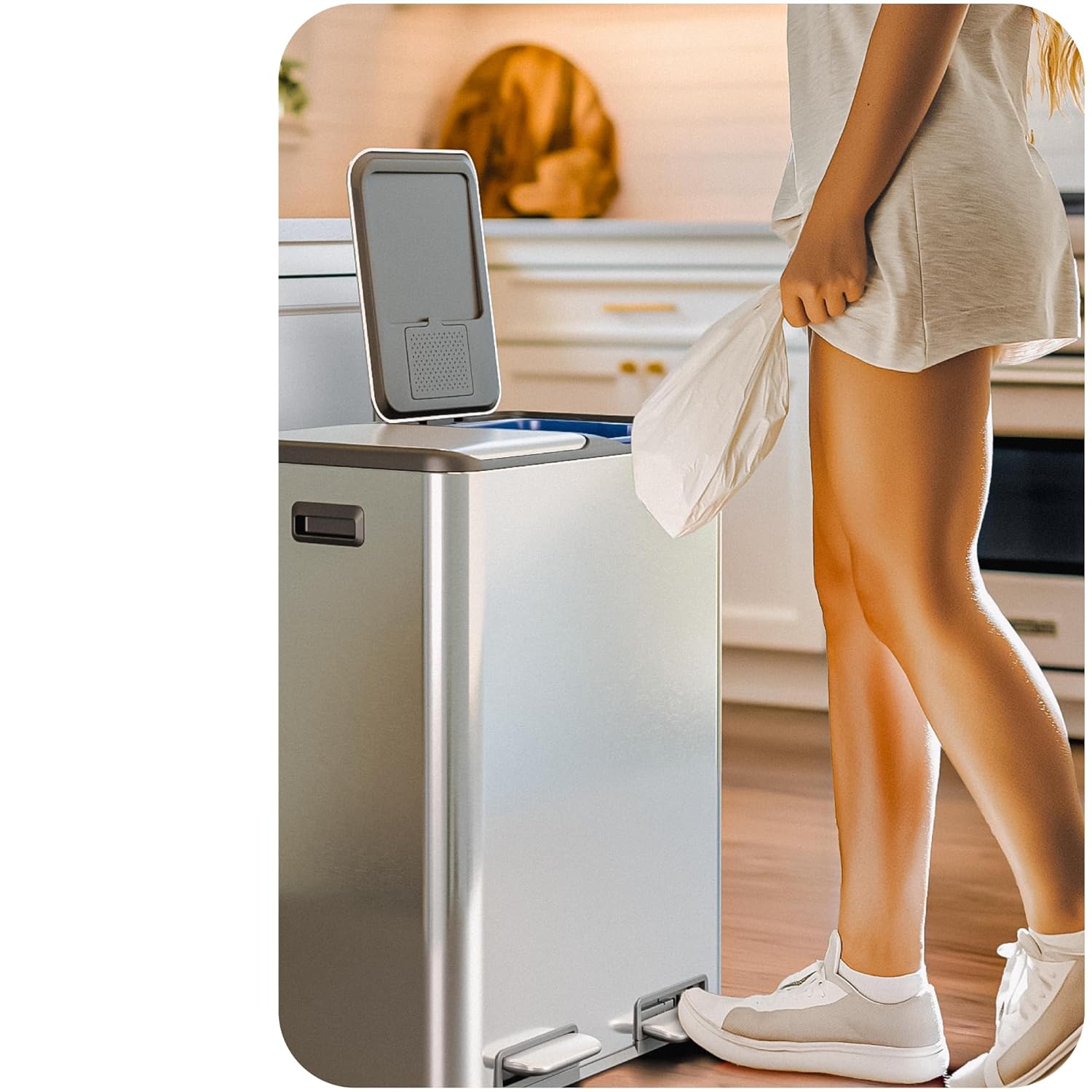 Home Zone Living 16 Gallon Kitchen Trash Can with Dual Compartments for Recycling, Stainless Steel, Silver, 60 Liters Total : Home & Kitchen