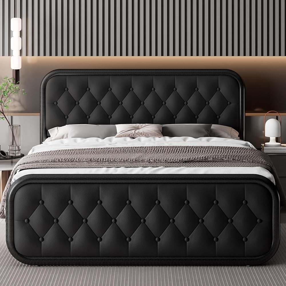 Feonase Queen Size Bed Frame, Heavy Duty Bed Frame with Faux Leather Headboard, Upholstered Platform Bed with Strong Metal Slats, 12