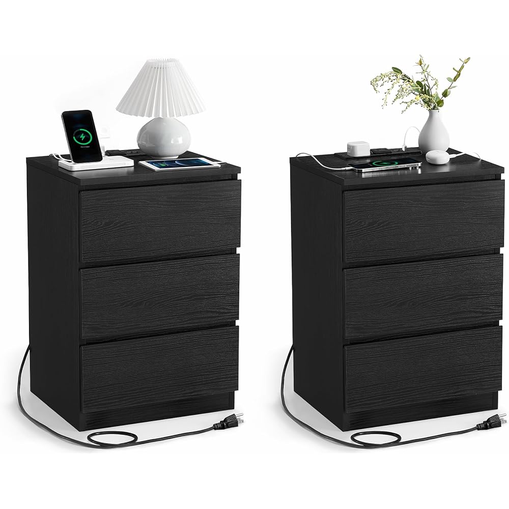 VASAGLE Nightstands with Charging Station, Set of 2, AC Outlets and USB Ports, Bedside Tables, Side Tables with 3 Drawers, Modern Style, 13.8 x 15.7 x 23.2 Inches, Ebony Black ULET731B58 : Home & Kitchen