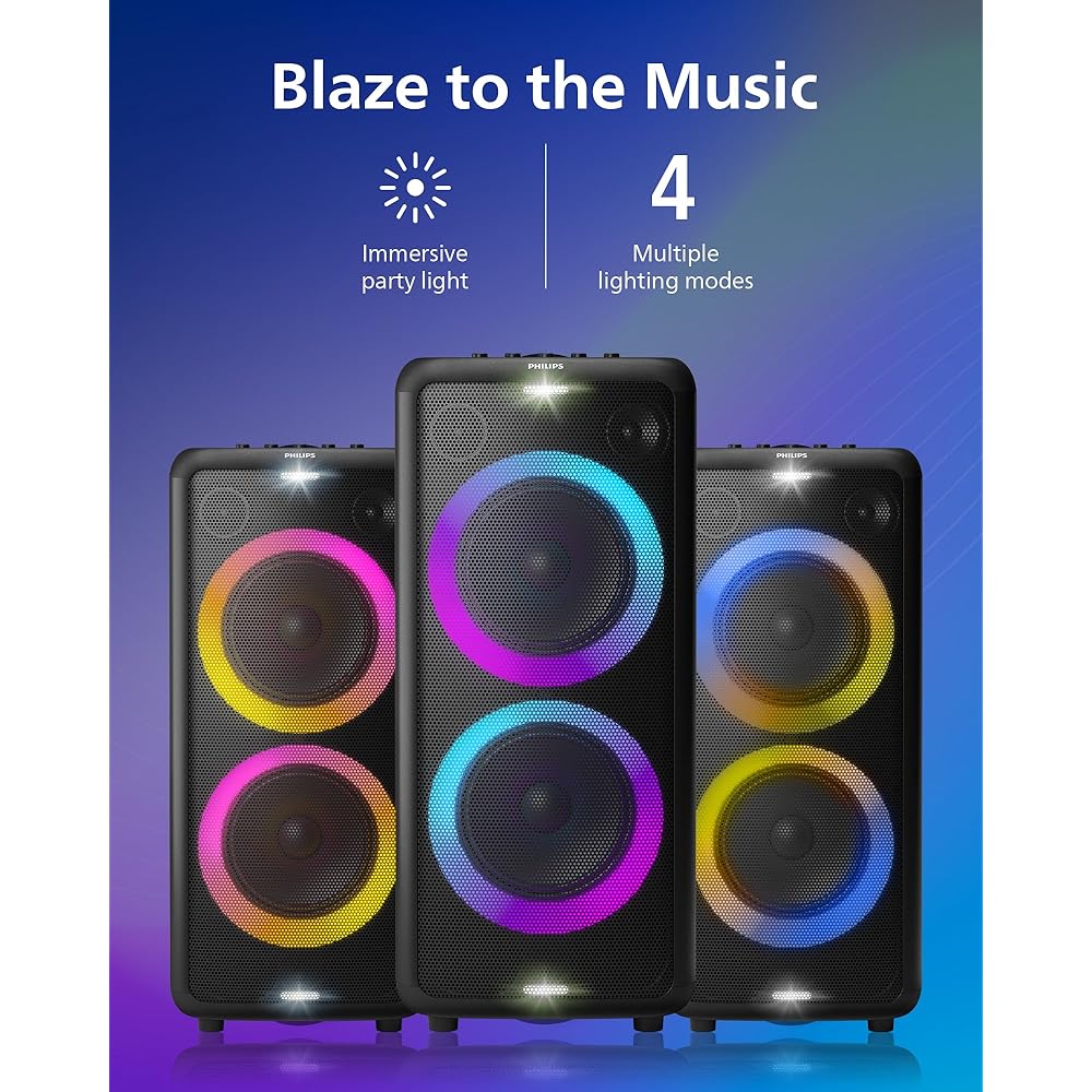 Philips X5206 bluetooth party speaker, portable with wheels, exciting light show, karaoke machine with microphone and Guitar Input, powerful bass & subwoofer, long playtime, perfect for outdoor events : Electronics