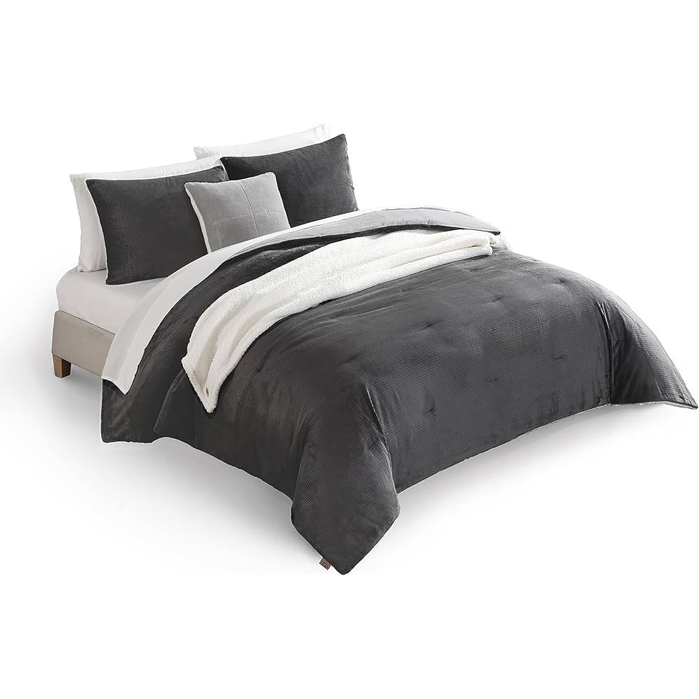UGG Remina Comforter Set 5 Piece Bed in a Bag with Throw Blanket, Decorative Pillow, Shams, and Reversible Comforter Hypoallergenic Washable Luxury Warm Fluffy Bedding Set, Full/Queen, Charcoal Grey : Home & Kitchen