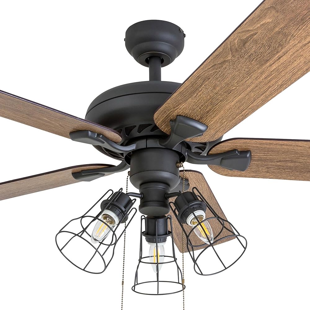 Prominence Home Lincoln Woods, 52 Inch Industrial Style LED Ceiling Fan with Light, Pull Chain, Three Mounting Options, 5 Dual Finish Blades, Reversible Motor - 50581-01 (Bronze) -