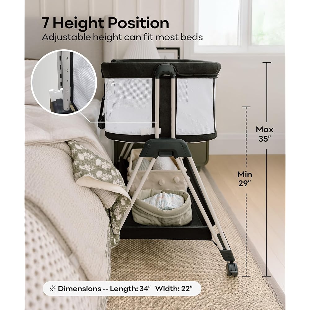 Fodoss Baby Bassinet Bedside Sleeper with Wheels and Storage Tray,4-Sided Mesh Bedside Bassinet for Infant/Newborn,7 Height Adjustable Easy Folding Bedside Crib : Baby