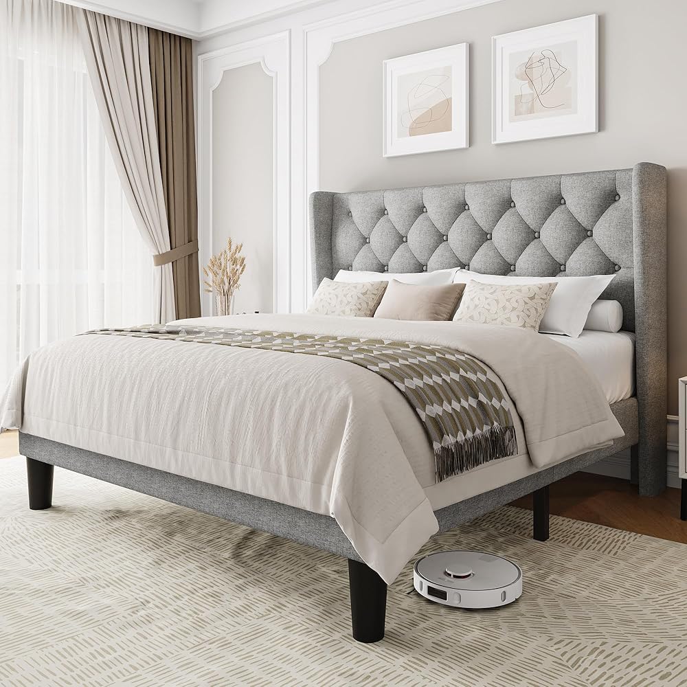 Einhomn Queen Size Upholstered Bed Frame with Wingback Headboard, Fabric Linen Platform Bed, 8