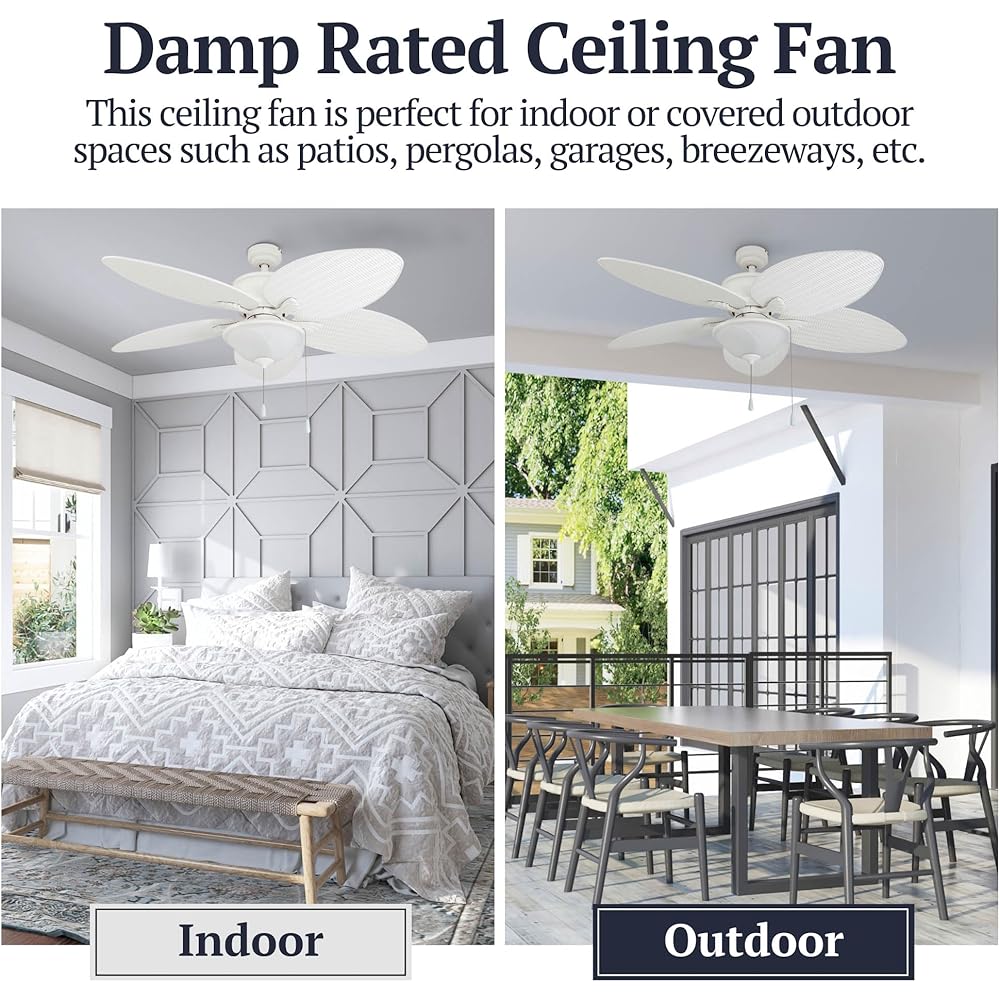 Prominence Home Solana, 52 Inch Tropical Indoor Outdoor Ceiling Fan with Light, Pull Chain, Three Mounting Options, Weather Resistant Palm Leaf Blades - 80018-01 (White) -