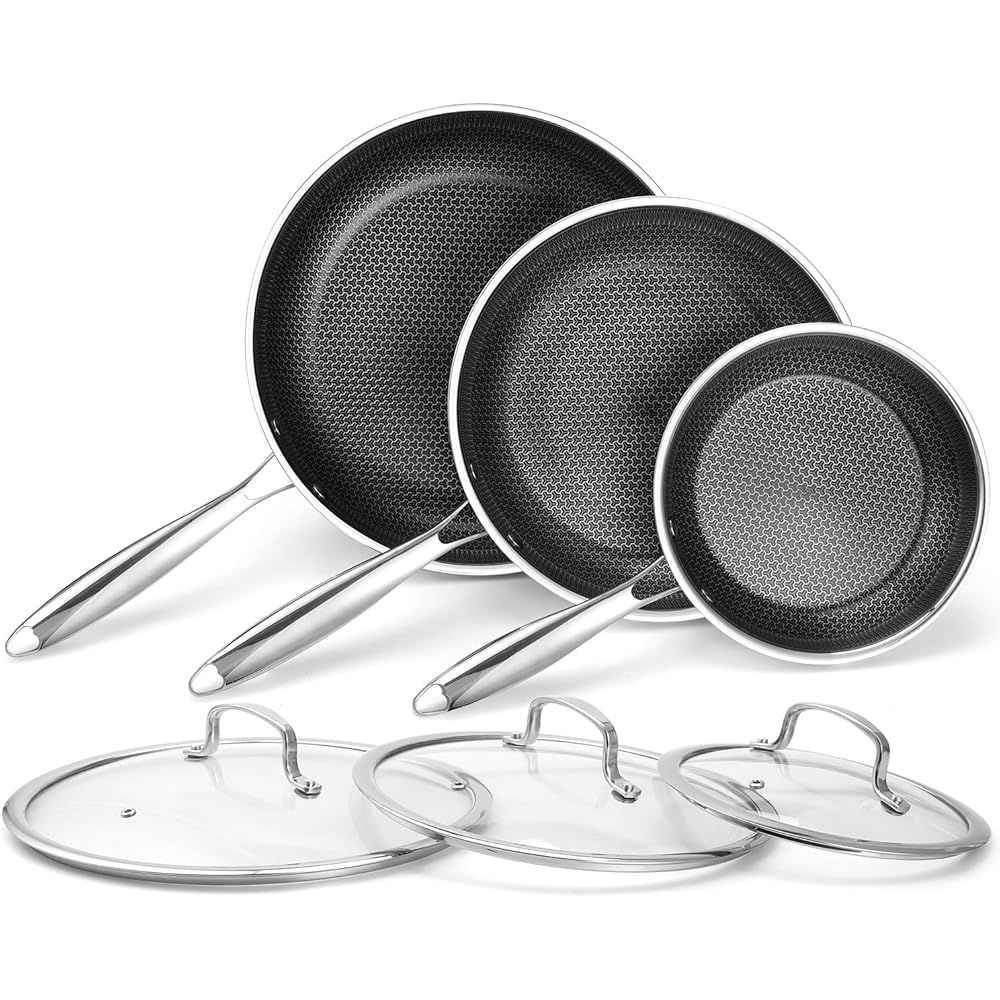 Tibbicc Non Stick Frying Pan Set 6 Piece, 8, 10 & 12-Inch Hybrid Non Toxic Fry Pan Skillet with Tempered Glass Lids Saty-cool Handles, Dishwasher and Oven Safe Compatible with Induction all Cooktop: Home & Kitchen