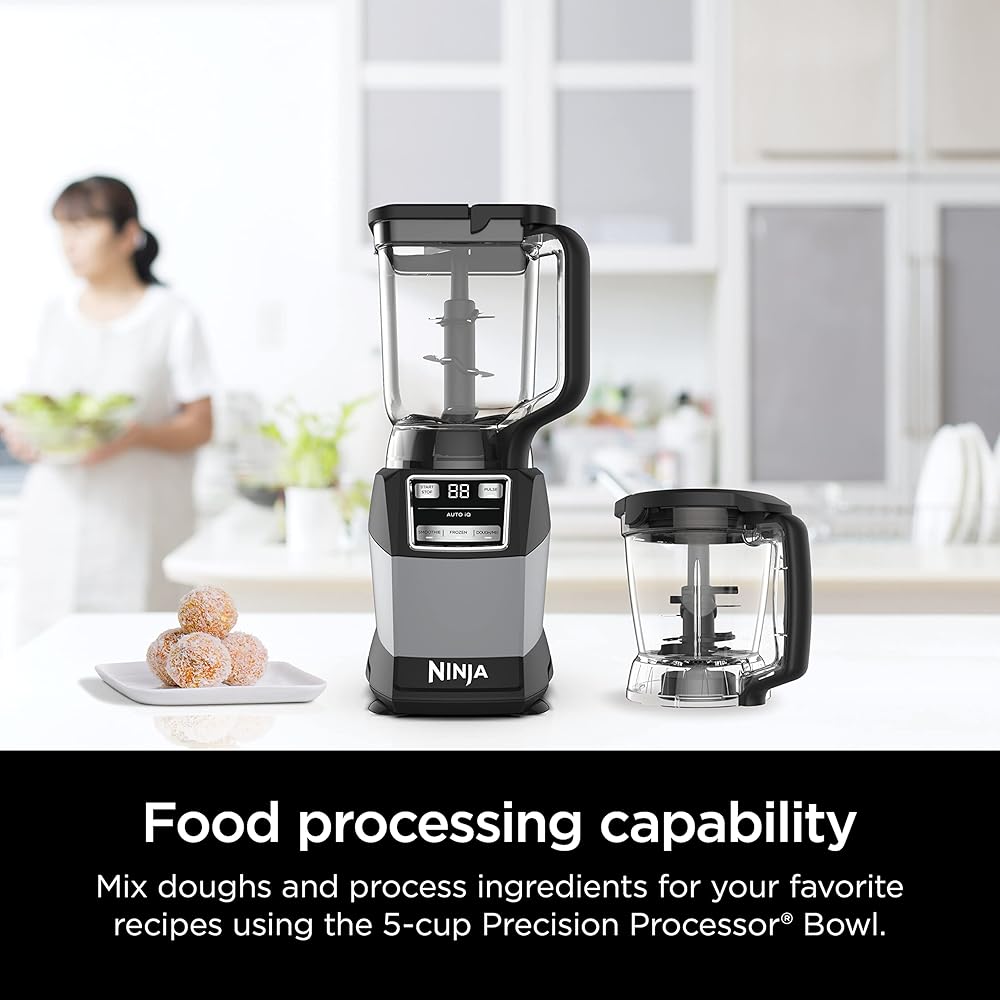 Ninja Blender, Compact Kitchen System, 1200W, 3 Functions for Smoothies, Dough & Frozen Drinks with Auto-IQ, 72-oz.* Blender Pitcher, 40-oz. Processor Bowl & 18-oz. Single-Serve Cup, Grey, AMZ493BRN: Home & Kitchen
