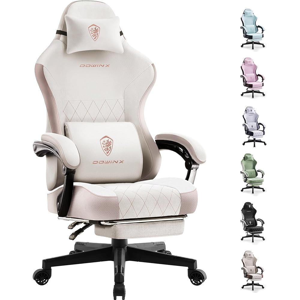 Dowinx Gaming Chair Fabric with Pocket Spring Cushion, High Back Ergonomic Computer Chair with Footrest for Adults, Massage Lumbar Support Swivel Game Chair for Office Gaming 300LBS, Beige : Home & Kitchen
