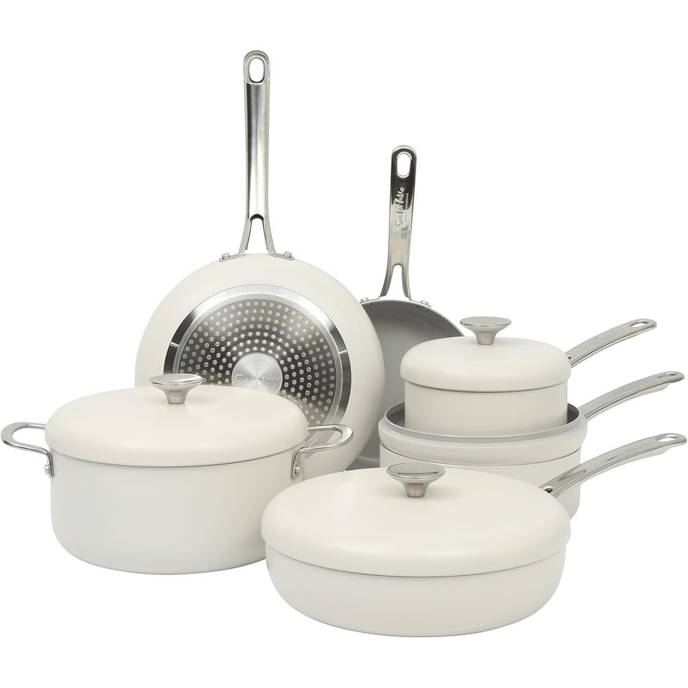 Sur La Table Kitchen Essentials Potluck Porch 10 Piece PFA Free Ceramic Non stick Interior Forged Aluminum Cookware Pots and Pans Set W/Aluminum Lids - Linen White - Induction Compatible: Home & Kitchen