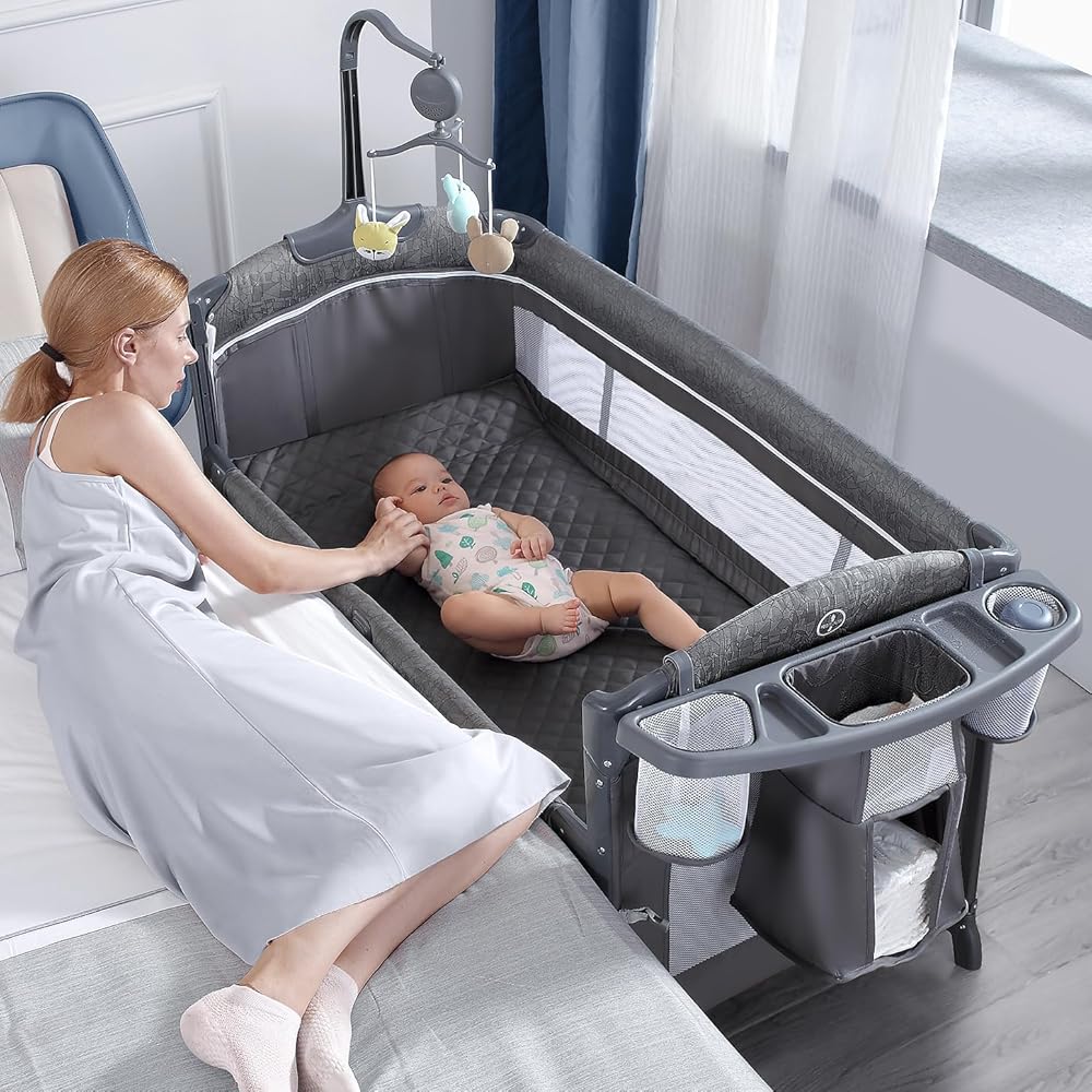 : BabyBond Baby Bassinet Bedside Crib, Pack and Play with Sheet, Diaper Changing Table and Music Mobile from Newborn to Toddles, Portable Large Playard : Baby