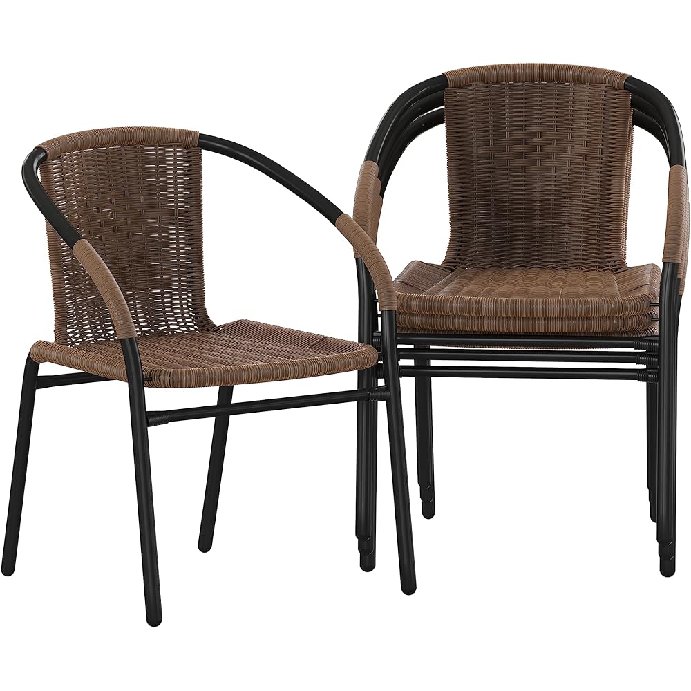 : Flash Furniture Lila Modern Rattan Indoor/Outdoor Stackable Dining Chairs, Stacking Rattan Bistro Chairs for Patio or Restaurant, Set of 4, Brown : Home & Kitchen