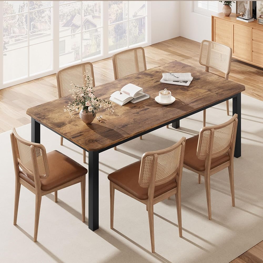- GarveeHome Industrial Dining Table for 6-8 People, 78.7 Inch Long Kitchen Table with Sturdy Metal Frame & Rustic Brown Finish - Seats 6 Rectangular Counter for Dinner, Easy to Install(Only Table) - Tables