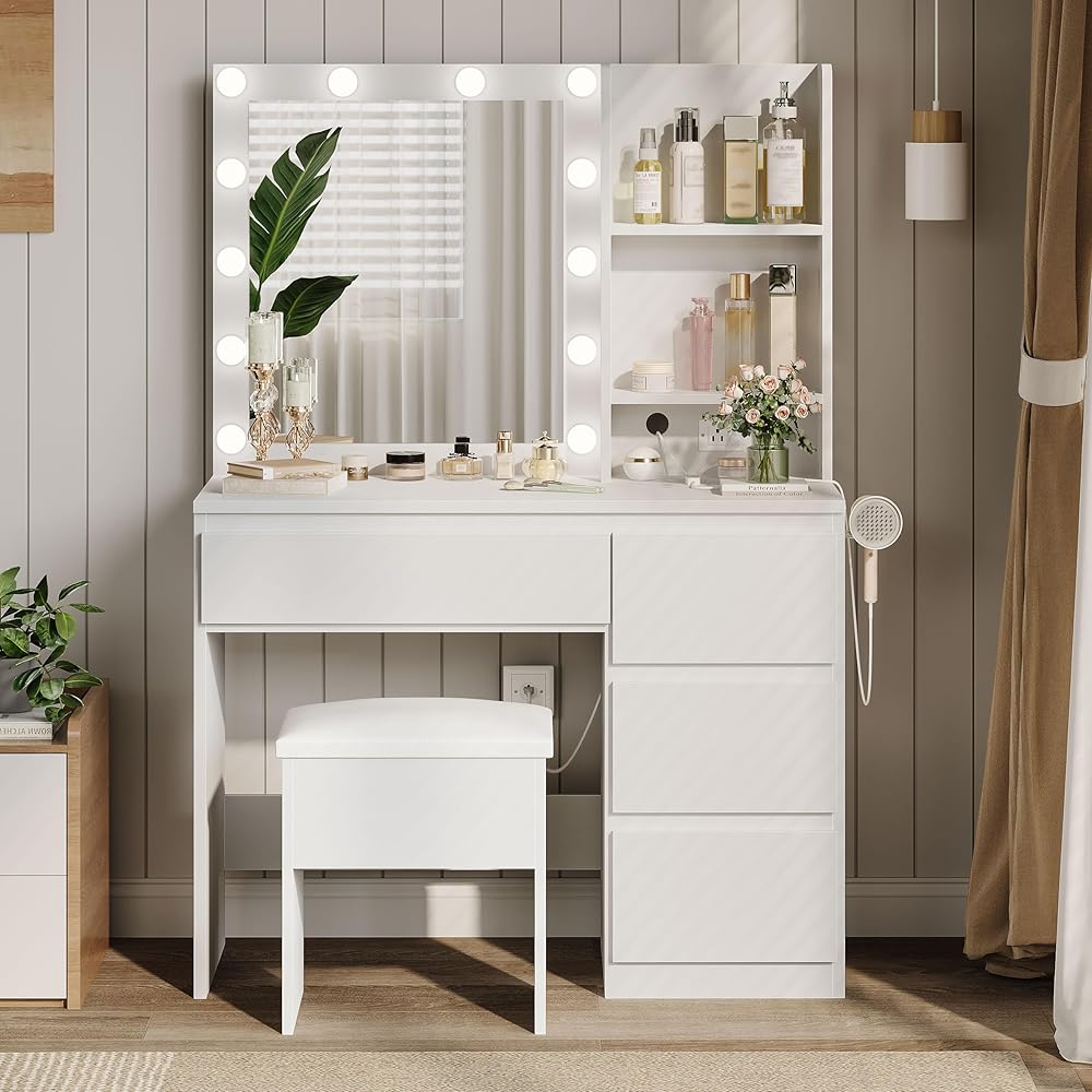 Decofy Vanity Desk with Mirror and 12 LED Lights, Makeup Vanity Table with Charging Station, 4 Drawers and Hairdryer Holder, Padded Stool with Storage, White : Home & Kitchen
