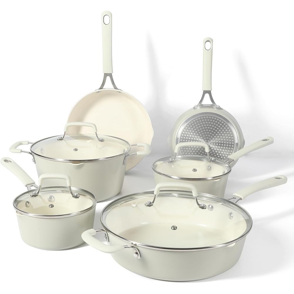 Martha Stewart Heathland Premium Nonstick PFA Free Ceramic Interior 10-Piece Tapered Aluminum Cookware Set - Linen White: Home & Kitchen