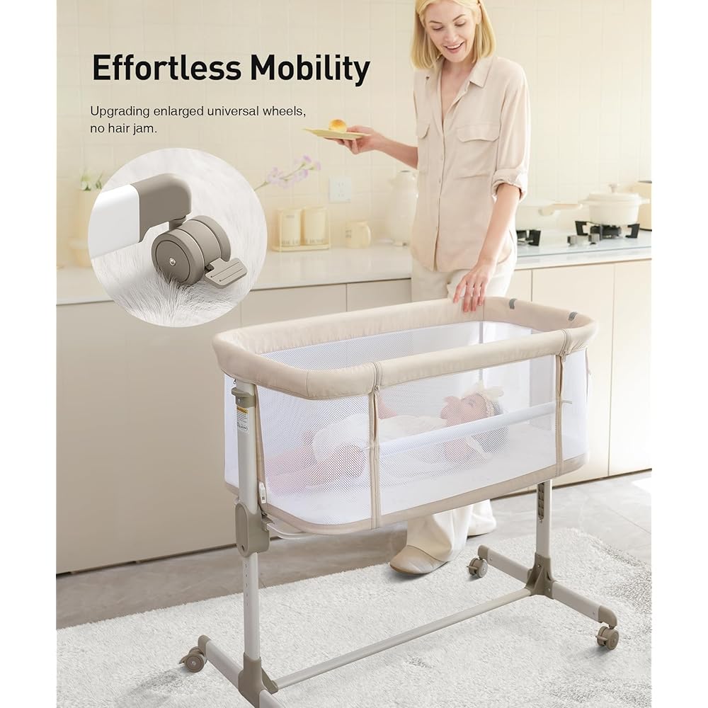 Fodoss Baby Bassinets Bedside Sleeper - All Mesh Bedside Bassinet with Wheels, 7 Height Adjustable Baby Bassinet for Infants, Beige : Baby