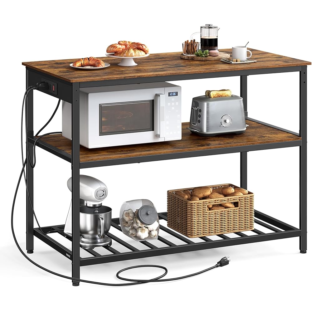 VASAGLE Kitchen Island with 3 Shelves, 47.2 Inches Width Kitchen Shelf with Power Strip, Large Worktop, Stable Steel Structure, Industrial, Easy to Assemble, Rustic Brown and Black UKKI101K01 : Home & Kitchen
