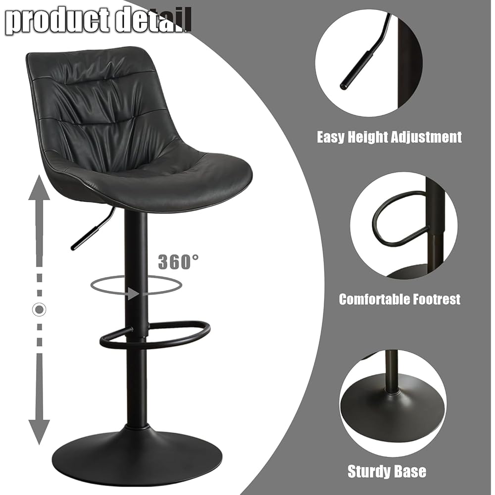 Kidol & Shellder Bar Stools Set of 2, Swivel Adjustable Counter Height Stools with Back, PU Leather Upholstered Modern Bar Chairs for Kitchen Island (Black) : Home & Kitchen