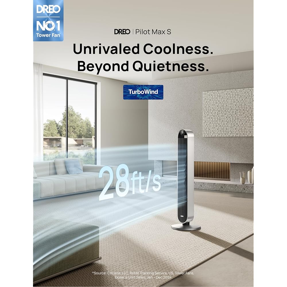 Dreo Tower Fan for Bedroom, 42 Inch 120° Oscillating Fan, 25dB Quiet DC Motor, 28ft/s Velocity Bladeless Standing Fan with 12 Speeds, 4 Modes, 12H Timer Cooling Fans for Home, Living Room, Pilot Max S : Home & Kitchen