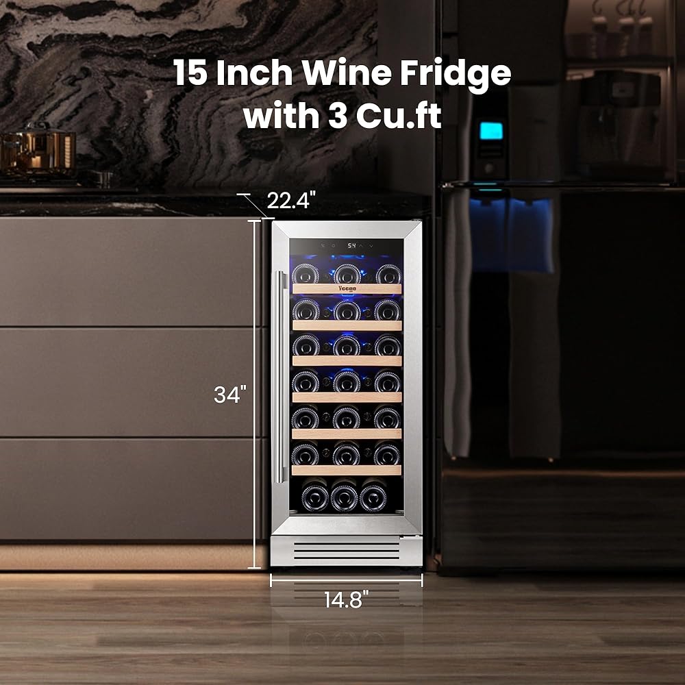 Yeego Wine Fridge - 15 inch 33 Bottles 40-65℉ Temperature Touch Control, Built-In/Under Counter/Freestanding Wine Cooler Refrigerator with Glass Door, Perfect for Bar, Home, Kitchen Cabinet, Office : Home & Kitchen
