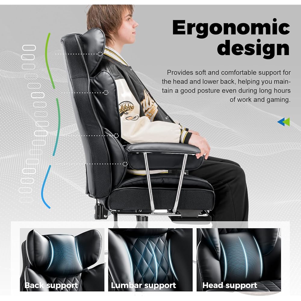 COMHOMA Big and Tall Office Chair, High Back Leather Gaming Chair with Footrest, Executive Ergonomic Office Chair with Pocket Spring Lumbar Support and with Outward Fixed Soft Armrests : Home & Kitchen