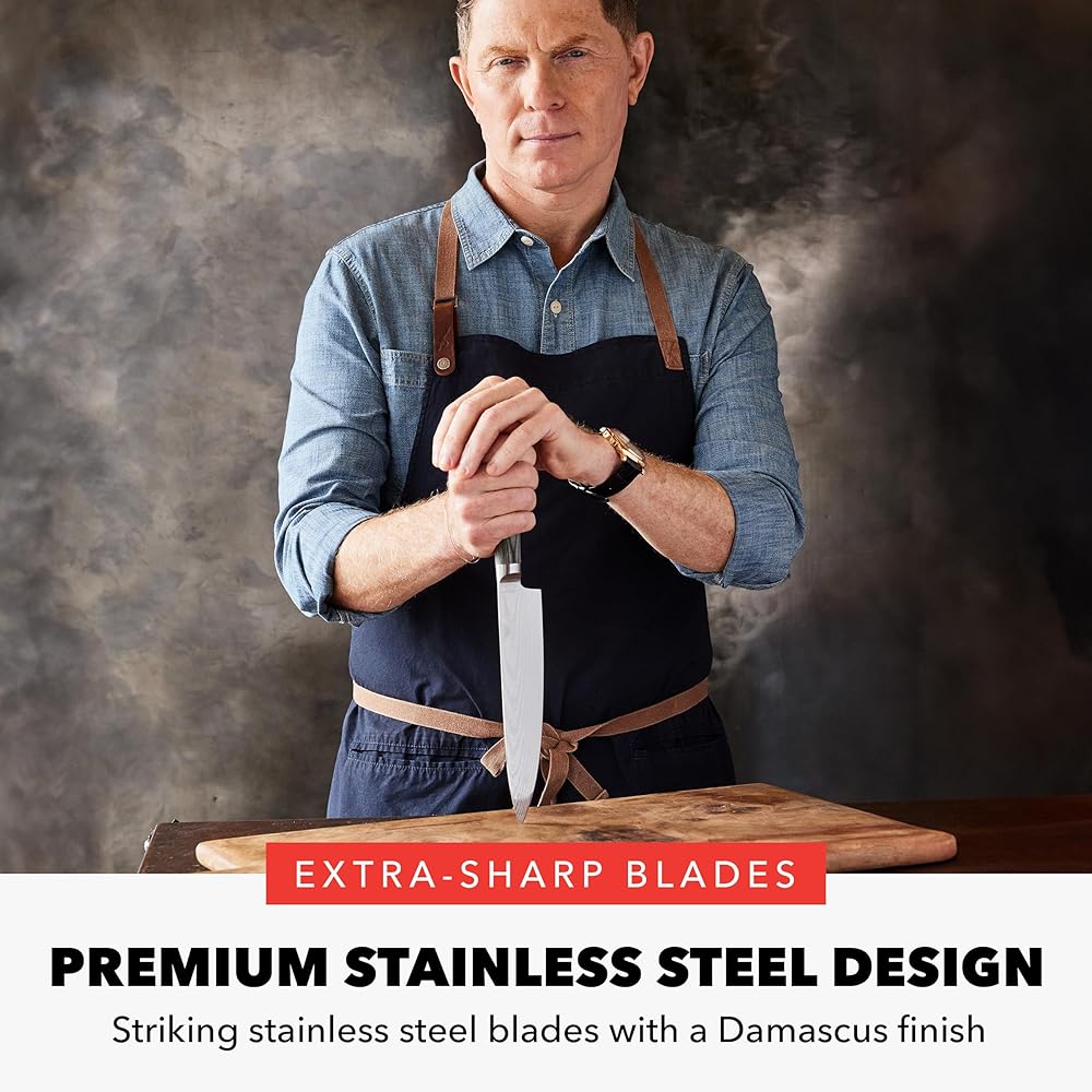 GreenPan x Bobby Flay 13 Piece Stainless Steel Cutlery Kitchen Knife Block Set, Premium Stainless Steel Blades, Acacia Wood Knife Block, Hand Finished Ergonomic Wood Handle, Damascus Steel Design: Home & Kitchen