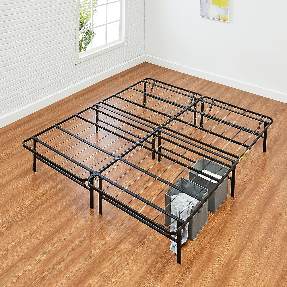 Amazon Basics Bed Frame with Storage, Foldable Metal Platform, Sturdy Steel, No Box Spring Needed, 14-inch High, Tool-Free Setup, Queen Size, Black : Home & Kitchen