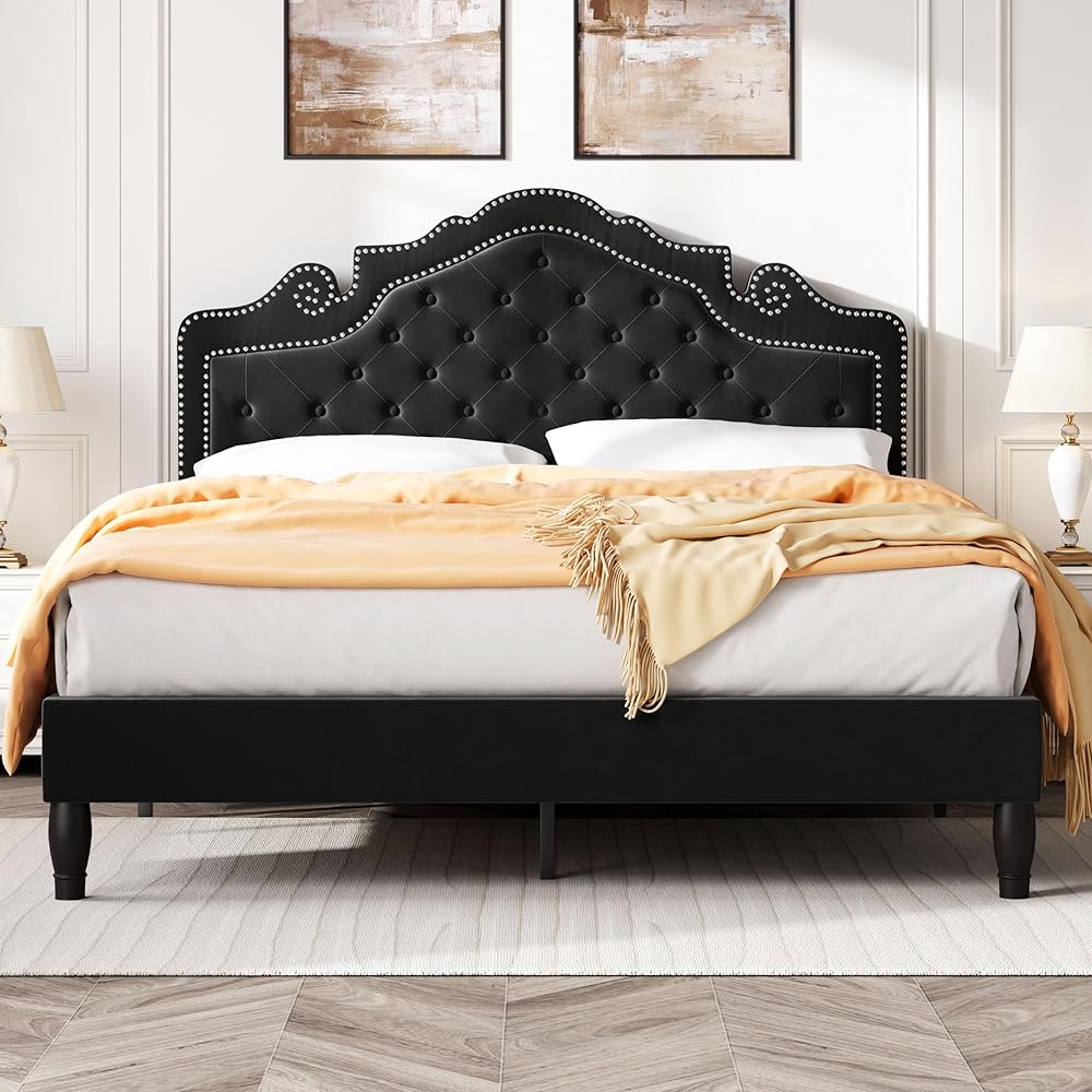 SHA CERLIN Queen Bed Frame with Adjustable Headboard/Velvet Upholstered/Diamond Button Tufted and Metal Studs/No Box Spring Needed/Wood Slat Support/Easy Assembly/Black : Home & Kitchen