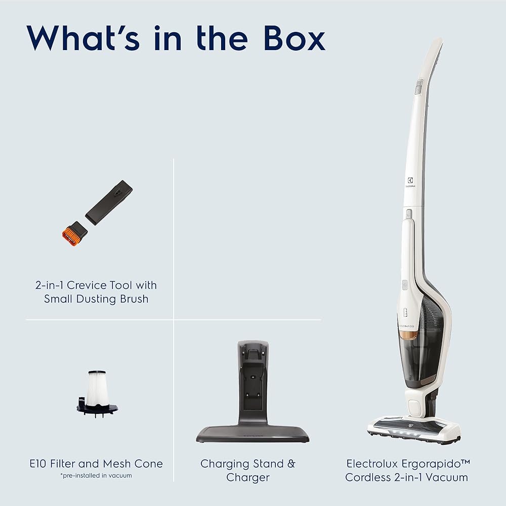 - Electrolux Ergorapido Cordless 2-in-1 Vacuum Cleaner with High Suction Power and 180-Degree EasySteer Mobility, 48-Minute Run Time, 2 Power Modes, Satin White