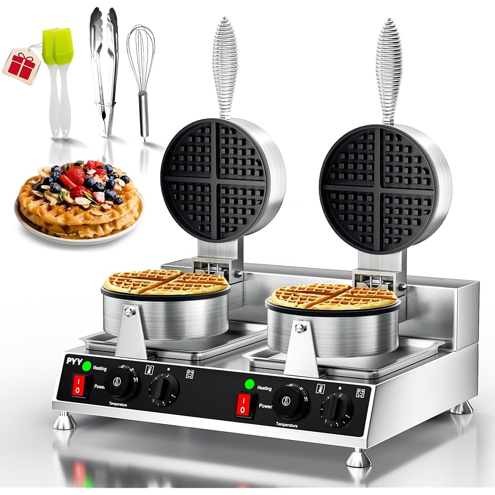 PYY Commercial Waffle Maker - Double Waffle Maker 2500W Large Stainless Steel,Silver Non-stick Electric Chaffle Maker for Restaurants, Waffle Houses, and Carnival Events