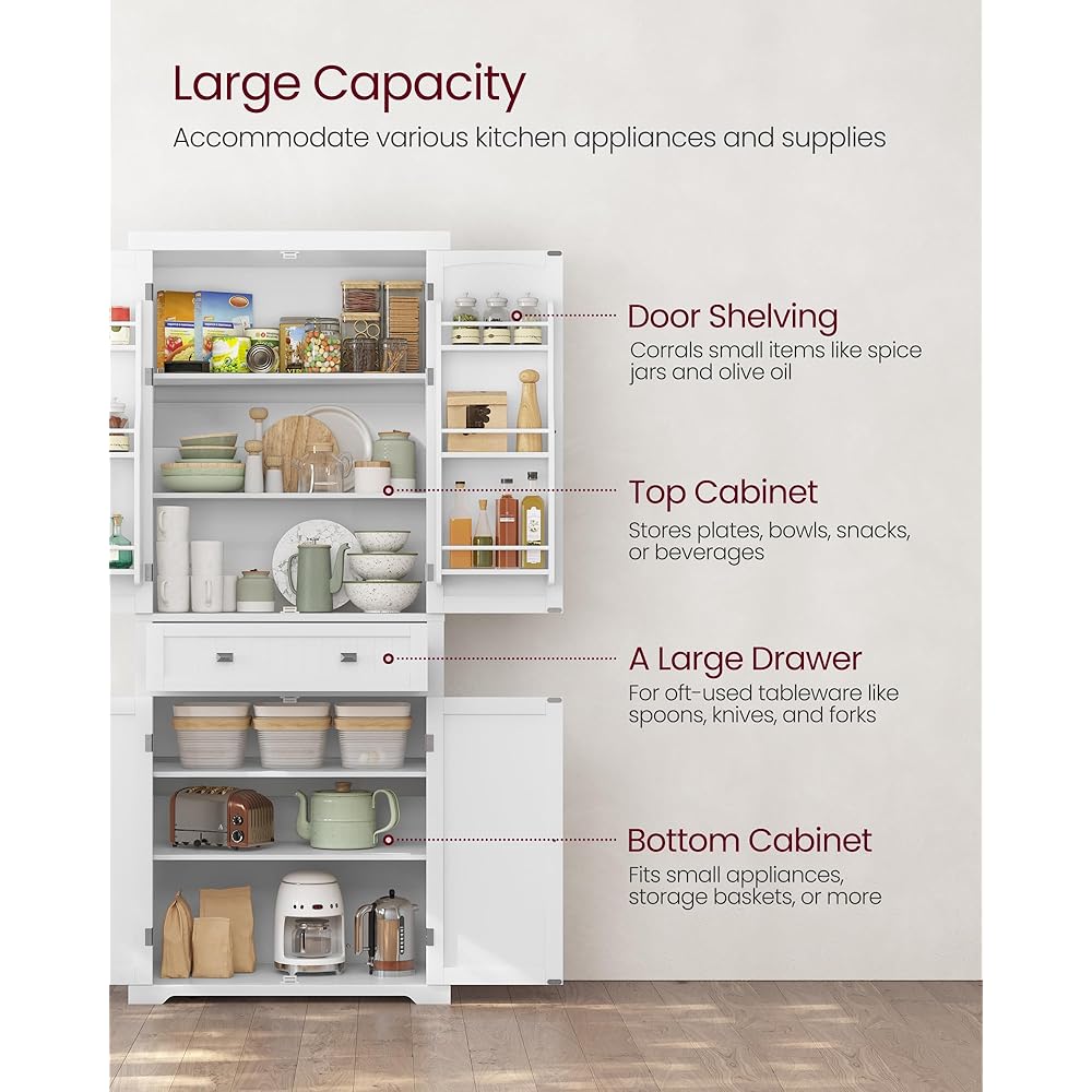 VASAGLE Pantry Cabinet, 71.7-Inch High Freestanding Tall Cupboard Storage Cabinet with a Drawer, 2 Cabinets, 4 Adjustable Shelves, 6 Door Shelves, for Living Room, Kitchen, White UBBC561P31V2