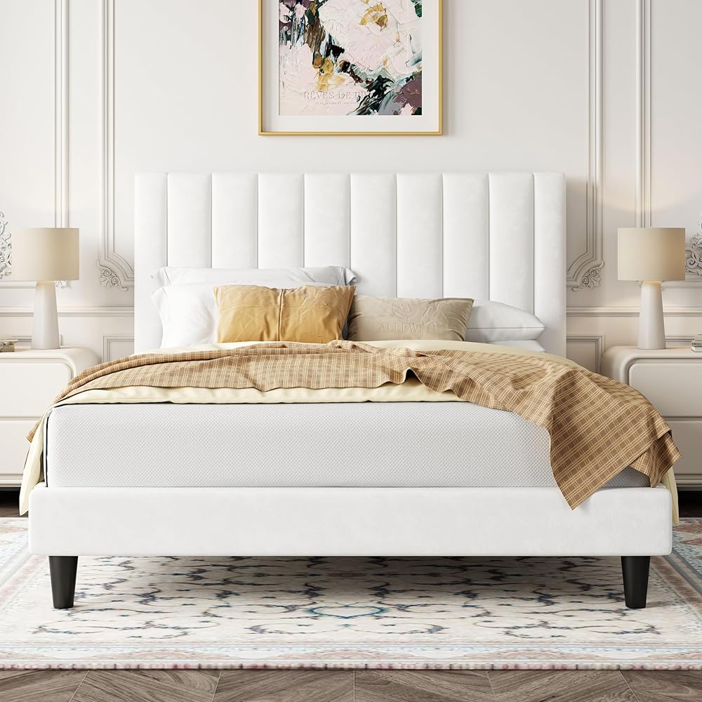 Allewie Full Bed Frame/Velvet Upholstered Bed Frame with Vertical Channel Tufted Headboard/Strong Wooden Slats/Platform Bed Frame/Mattress Foundation/Box Spring Optional/Easy Assembly/White : Home & Kitchen