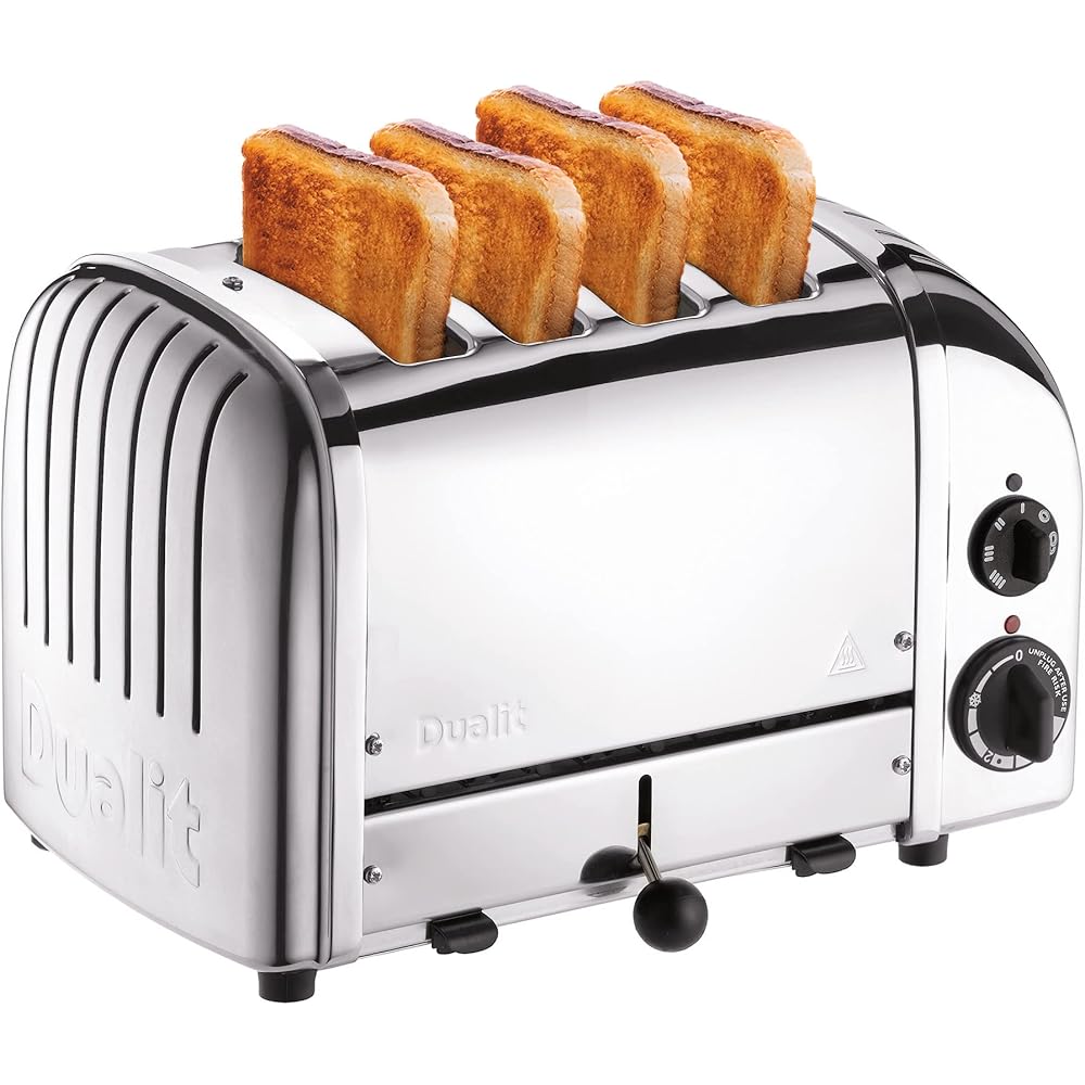 Dualit Classic 4 Slice NewGen Toaster - Stainless Steel - Hand Built in the UK - Replaceable ProHeat elements - Defrost Bread - Mechanical Timer - Polished Classic Toaster