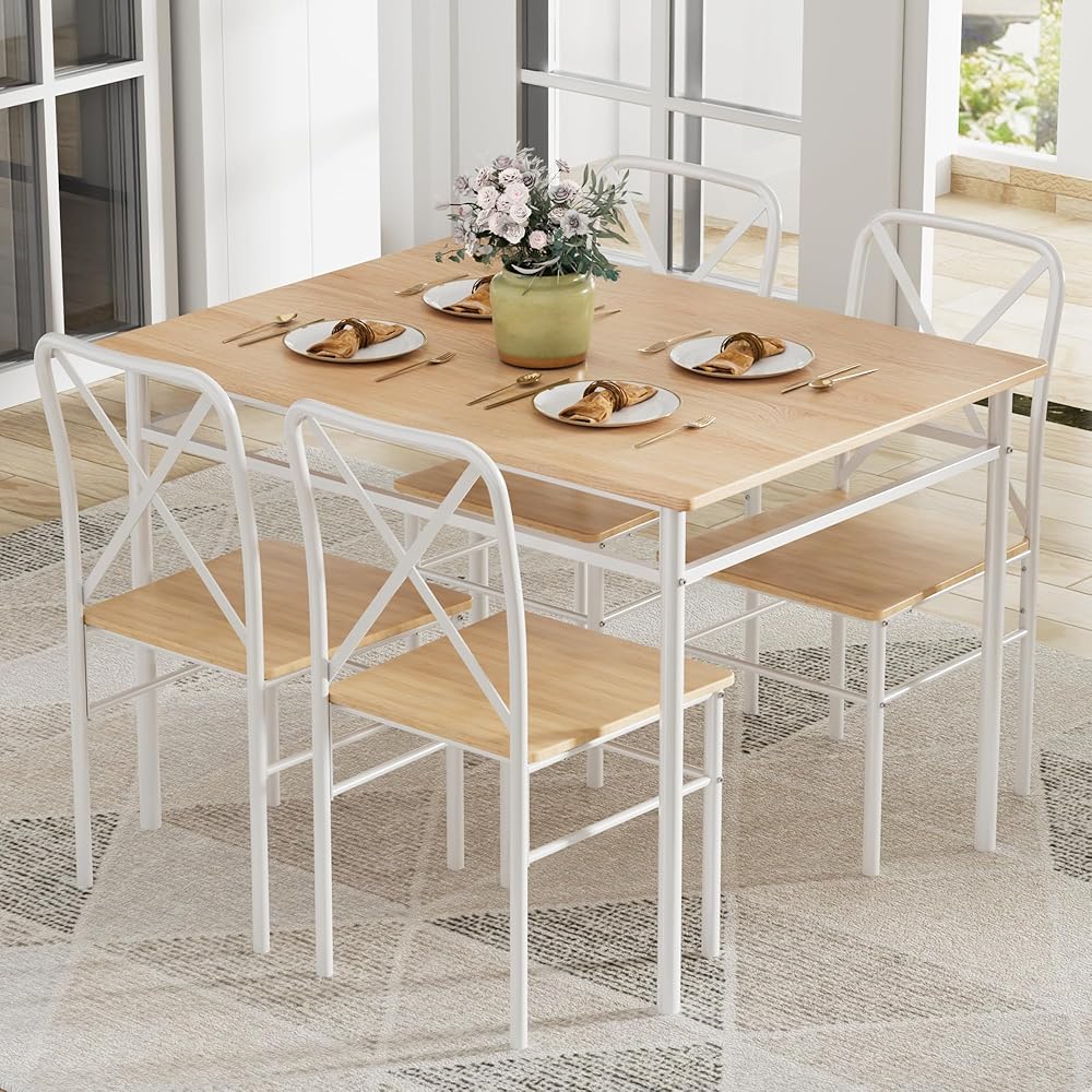 - VECELO 5-Piece Kitchen Dining Table Set, Wood Tabletop & Heavy-Duty Metel Frame, Rectangle Dinette with 4 Chairs for Small Space, Breakfast Nook, Natural and White - Table & Chair Sets